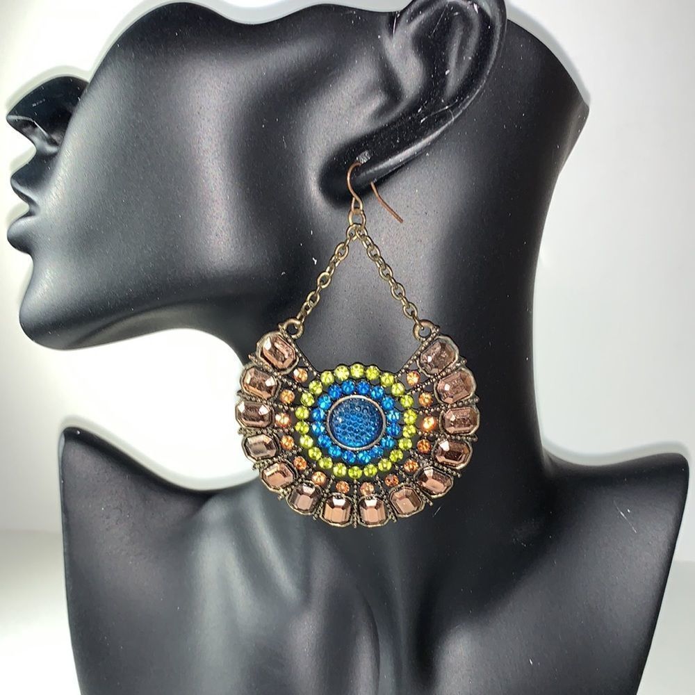 Copper and Sparkle Medallion Statement Pierced Earrings - Blue & Green Stones
